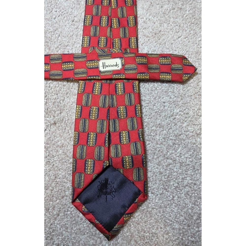Harrods Silk Tie Mens RED‎ Geometric Pattern Made in England Necktie EUC